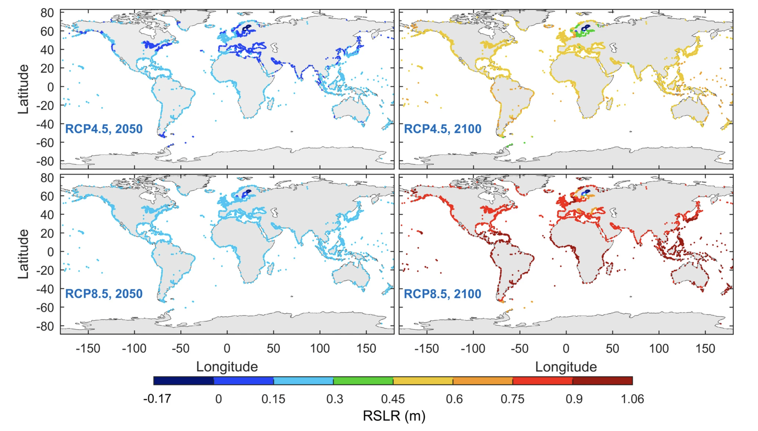 Relative mean sea level rise median projections (2050, 2100, RCP4.5, RCP8.5) relative to the 1980 – 2014 mean.