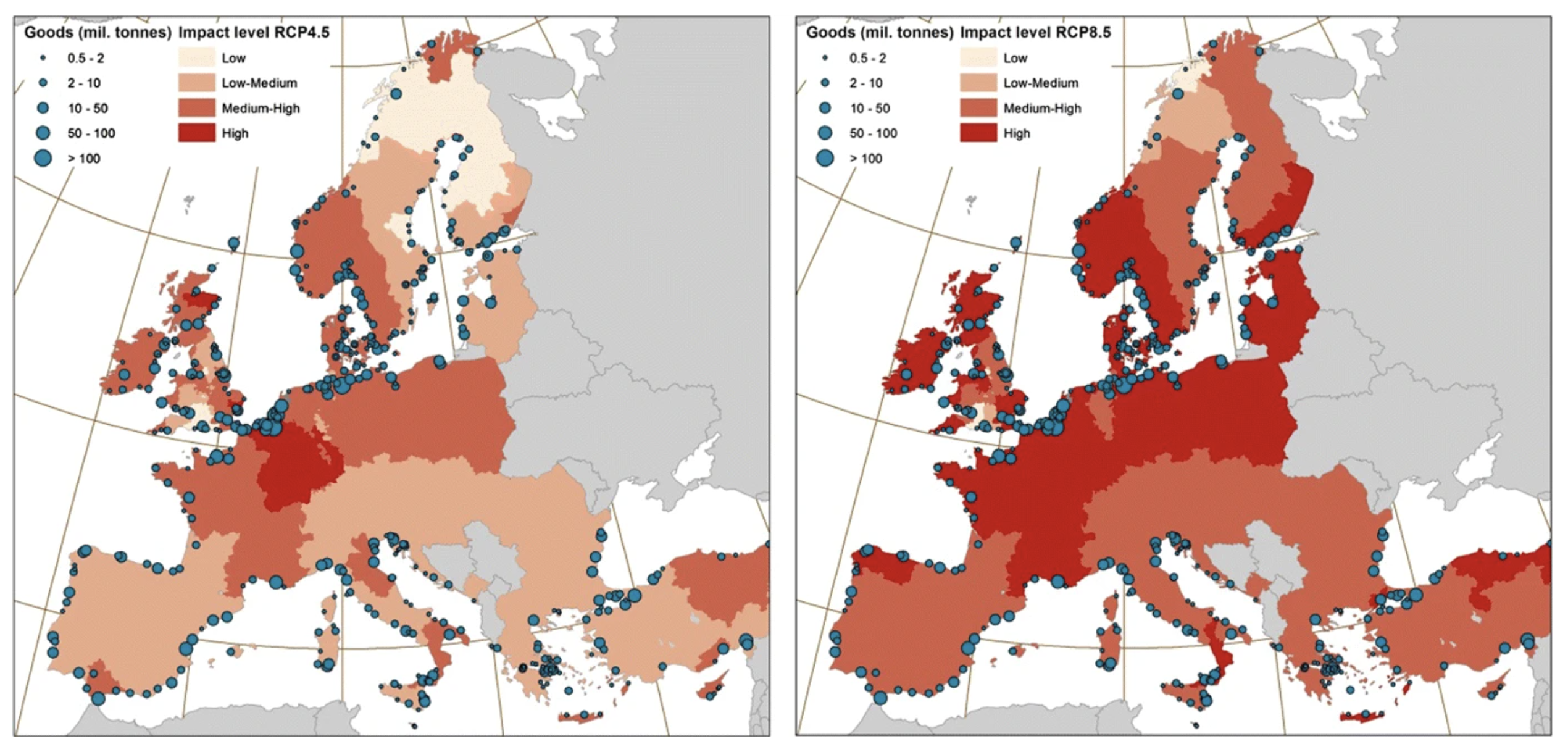 Impacts of the ports affected by ESL100 increase from 2010 to 2100 on hinterland (NUTS3 regions) according to RCP4.5 (left) and RCP8.5 (right)