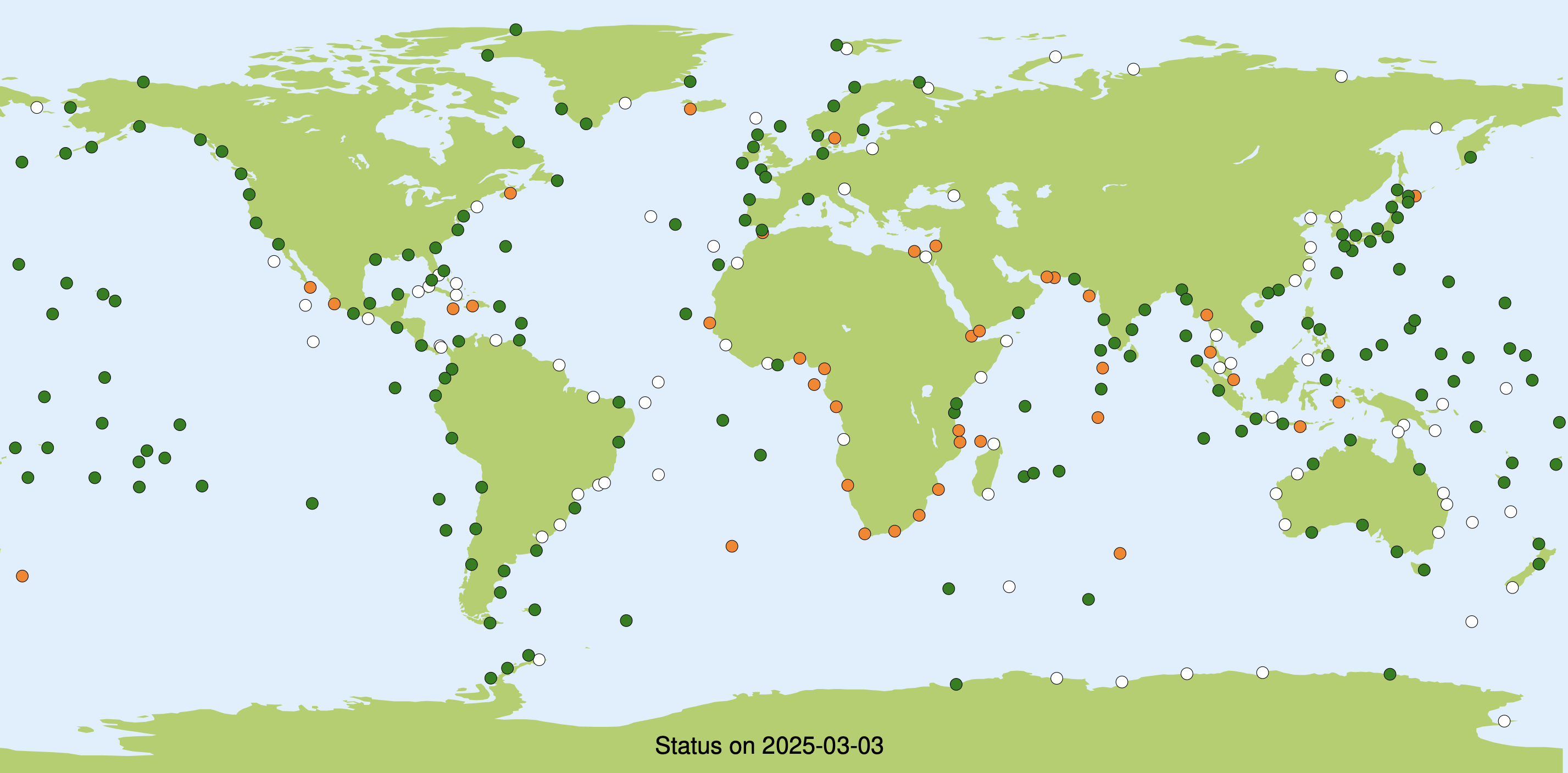 Sea level station monitoring facility, green: updated in past 31 days; orange: has some data; white: No data. (GLOSS)