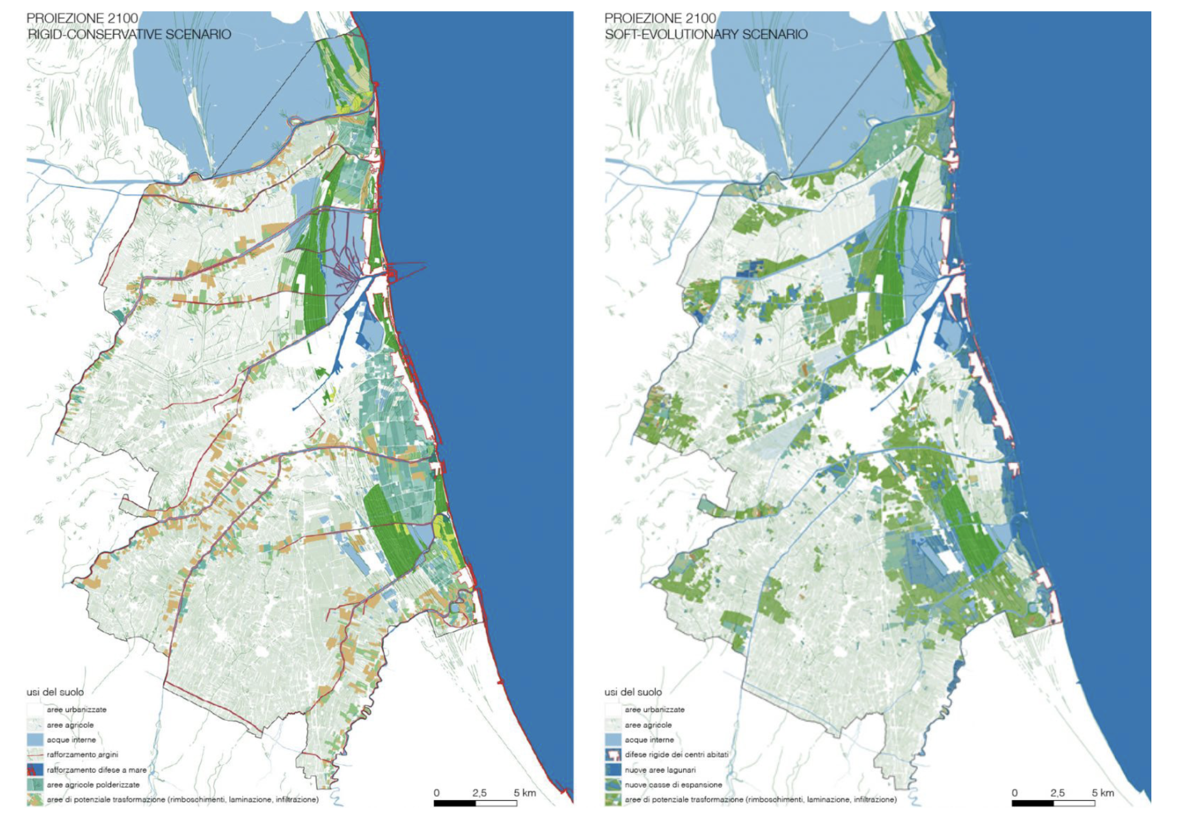 The cartographies represent the two alternative long-term scenarios and the related environmental patterns.