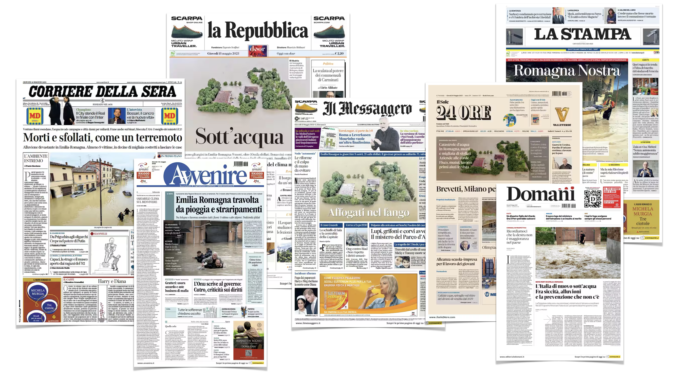 Front pages of Italian newspapers from May 18, 2023, covering the Emilia-Romagna catastrophe caused by severe flooding